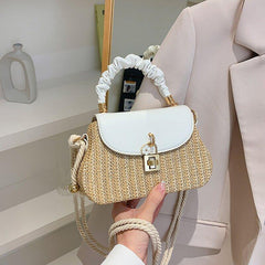 Mini Flower Decor Straw Bag Ruched Top Handle Bag