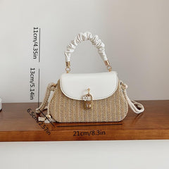 Mini Flower Decor Straw Bag Ruched Top Handle Bag