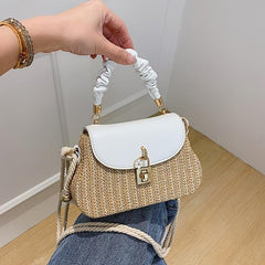 Mini Flower Decor Straw Bag Ruched Top Handle Bag