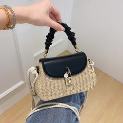 Mini Flower Decor Straw Bag Ruched Top Handle Bag