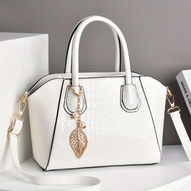 Crocodile Embossed Shoulder Bag with Leaves Pendant