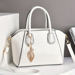 Crocodile Embossed Shoulder Bag with Leaves Pendant