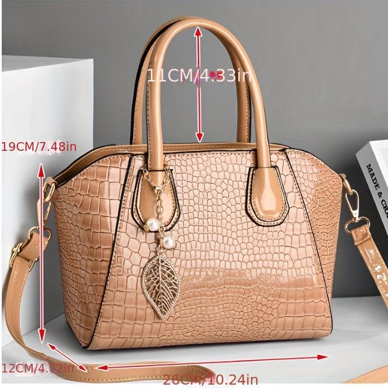Crocodile Embossed Shoulder Bag with Leaves Pendant