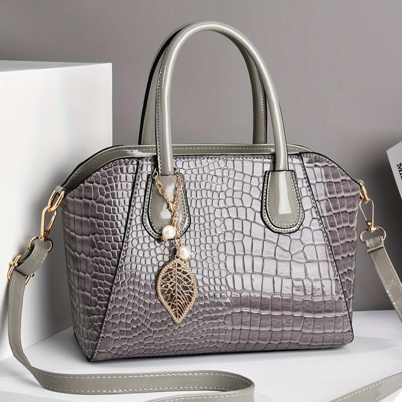 Crocodile Embossed Shoulder Bag with Leaves Pendant