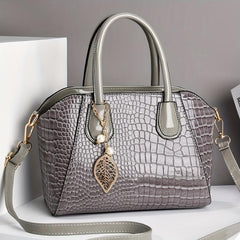 Crocodile Embossed Shoulder Bag with Leaves Pendant