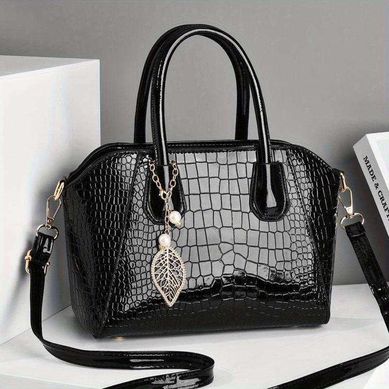 Crocodile Embossed Shoulder Bag with Leaves Pendant