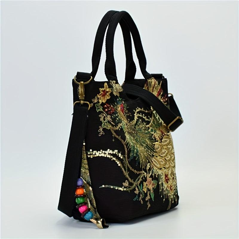 Vintage Peacock Embroidered Canvas Handbag for Women