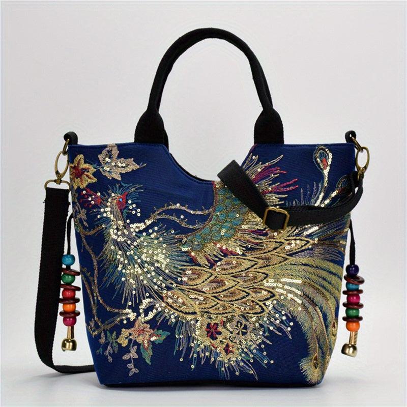 Vintage Peacock Embroidered Canvas Handbag for Women