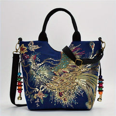 Vintage Peacock Embroidered Canvas Handbag for Women