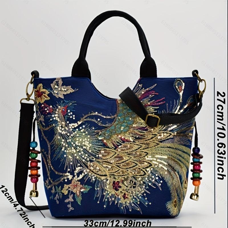 Vintage Peacock Embroidered Canvas Handbag for Women
