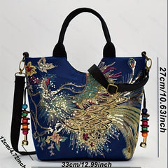 Vintage Peacock Embroidered Canvas Handbag for Women