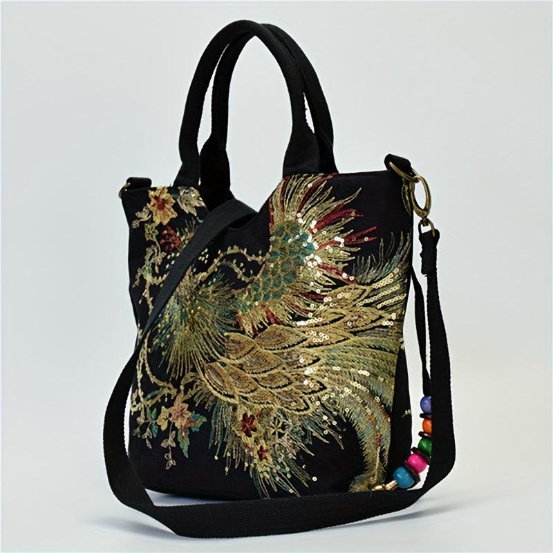Vintage Peacock Embroidered Canvas Handbag for Women
