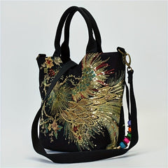 Vintage Peacock Embroidered Canvas Handbag for Women