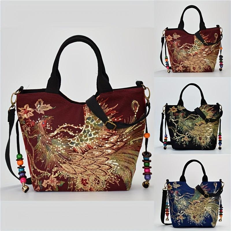 Vintage Peacock Embroidered Canvas Handbag for Women