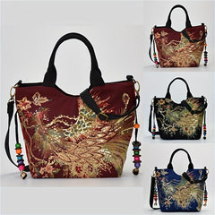 Vintage Peacock Embroidered Canvas Handbag for Women
