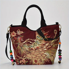 Vintage Peacock Embroidered Canvas Handbag for Women