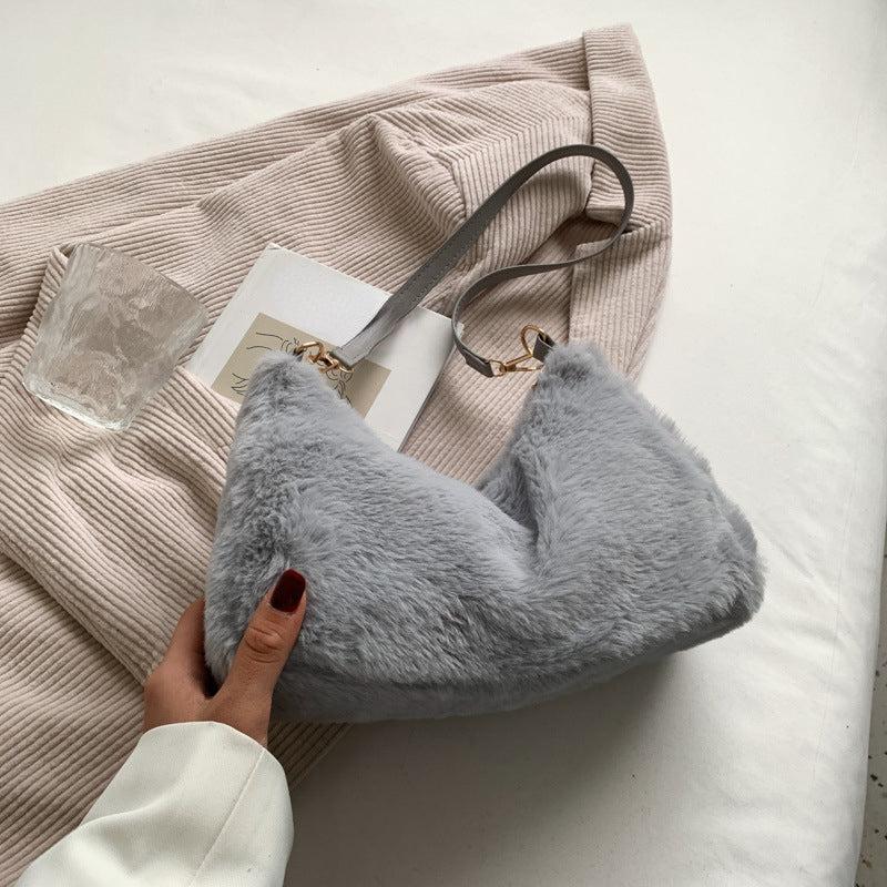 Y2K Fluffy Crescent Hobo Bag Furry Shoulder Bag Women's Plush Handbag & Purse