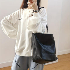 Metal Chain Hobo Crossbody Tote Bag PU Leather Textured Solid Shoulder Bag