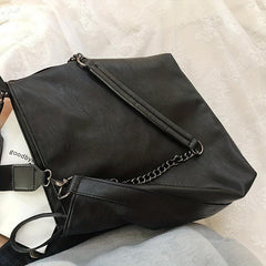 Metal Chain Hobo Crossbody Tote Bag PU Leather Textured Solid Shoulder Bag