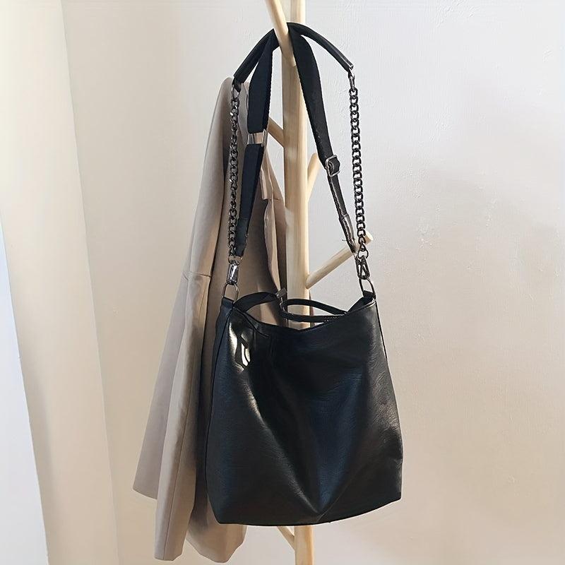 Metal Chain Hobo Crossbody Tote Bag PU Leather Textured Solid Shoulder Bag