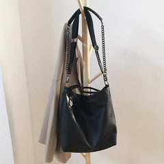 Metal Chain Hobo Crossbody Tote Bag PU Leather Textured Solid Shoulder Bag