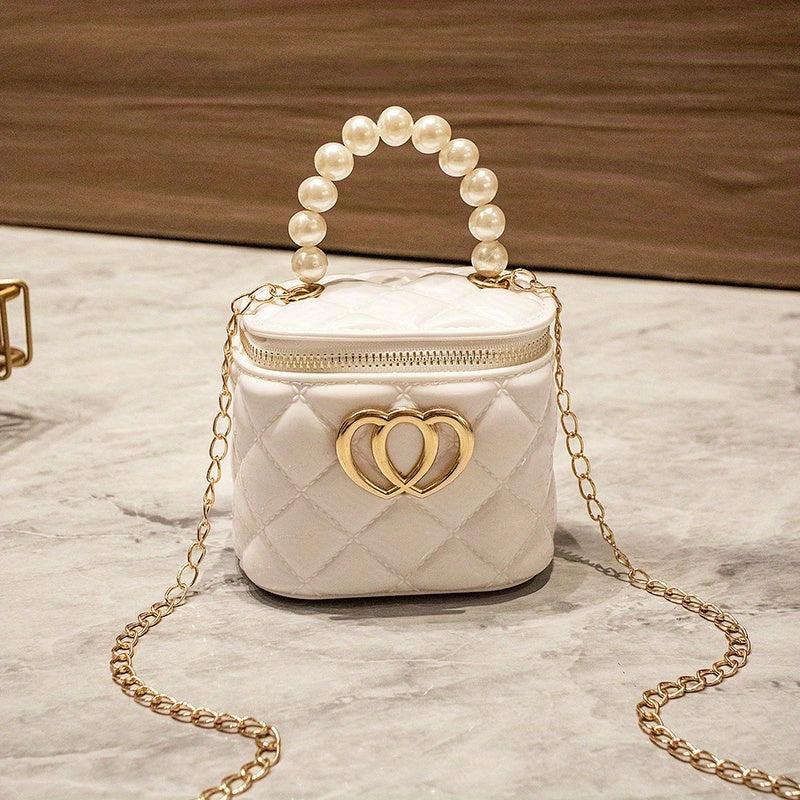 Mini Heart Decor Handbag Argyle Pattern Square Purse Chain Crossbody Bag