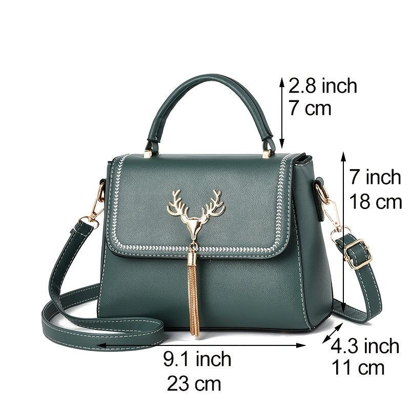 Tassel Decor Shoulder Bag Faux Leather Top Handle Purse 9.7 Inch