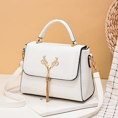 Tassel Decor Shoulder Bag Faux Leather Top Handle Purse 9.7 Inch