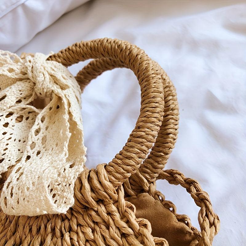 Straw Woven Handbag Scarf Decor Crossbody Bag Boho Style Summer Beach Bag