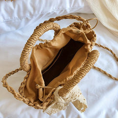 Straw Woven Handbag Scarf Decor Crossbody Bag Boho Style Summer Beach Bag