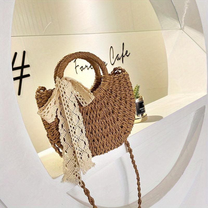 Straw Woven Handbag Scarf Decor Crossbody Bag Boho Style Summer Beach Bag