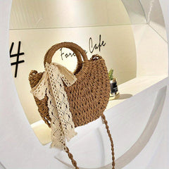 Straw Woven Handbag Scarf Decor Crossbody Bag Boho Style Summer Beach Bag