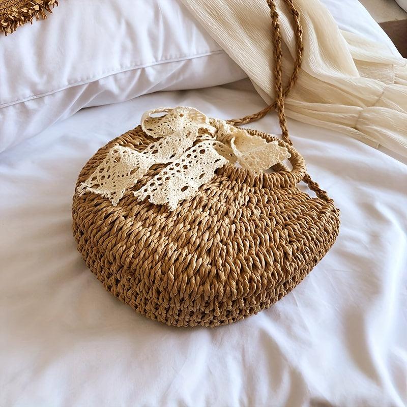 Straw Woven Handbag Scarf Decor Crossbody Bag Boho Style Summer Beach Bag