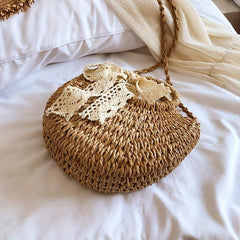 Straw Woven Handbag Scarf Decor Crossbody Bag Boho Style Summer Beach Bag