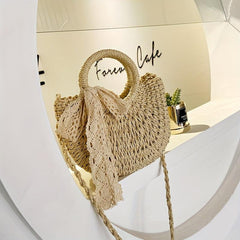 Straw Woven Handbag Scarf Decor Crossbody Bag Boho Style Summer Beach Bag