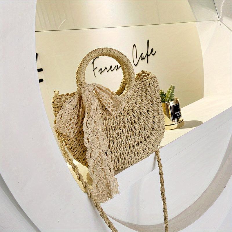 Straw Woven Handbag Scarf Decor Crossbody Bag Boho Style Summer Beach Bag