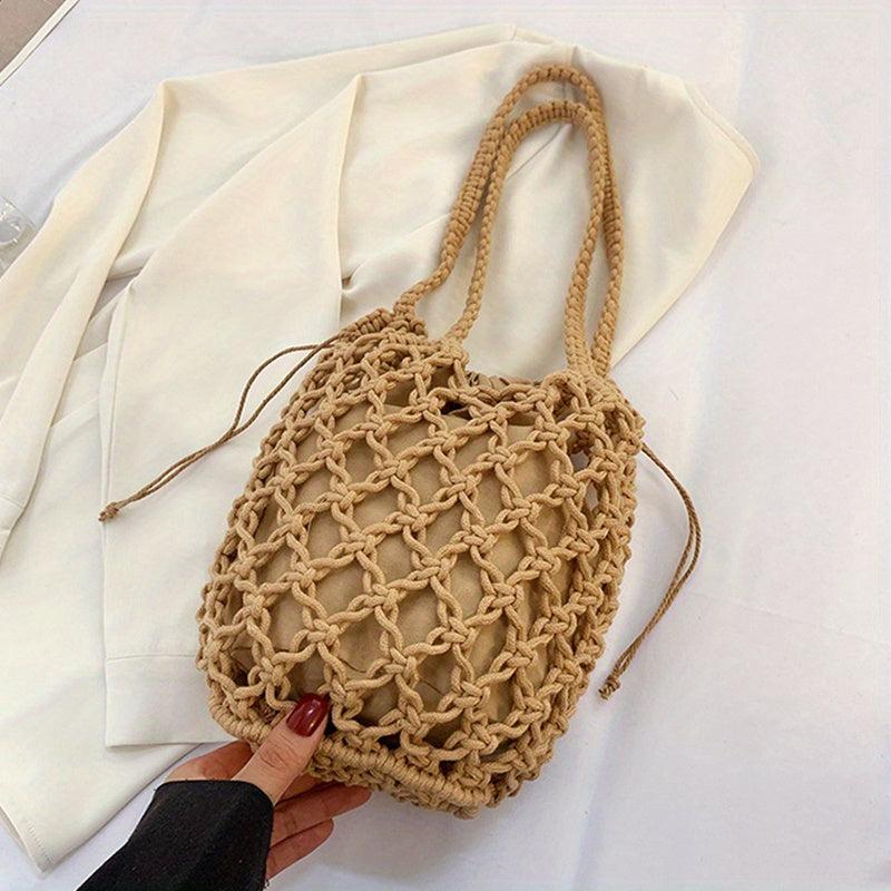 Minimalist Straw Shoulder Bag Woven Bag With Insert Pouch For Beach