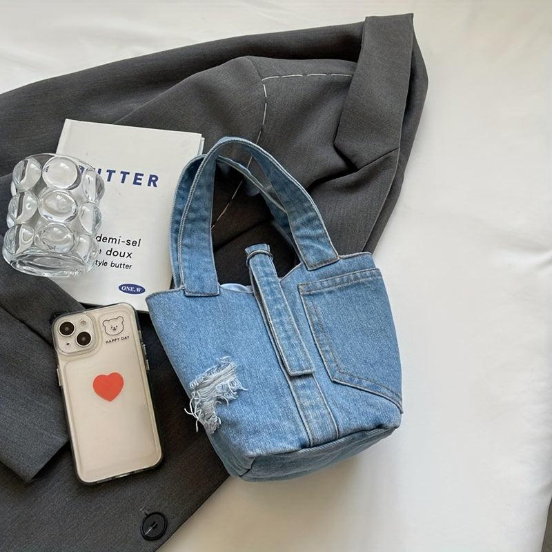 Minimalist Denim Satchel Bag All Match Bucket Bag Stylish Niche Storage Handbag