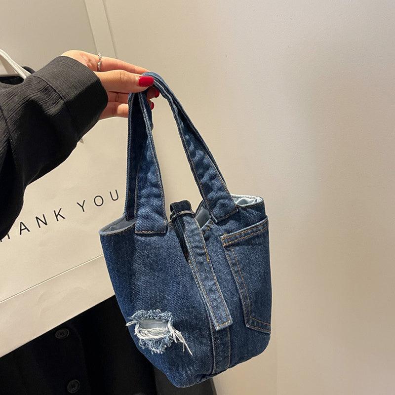 Minimalist Denim Satchel Bag All Match Bucket Bag Stylish Niche Storage Handbag