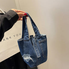 Minimalist Denim Satchel Bag All Match Bucket Bag Stylish Niche Storage Handbag