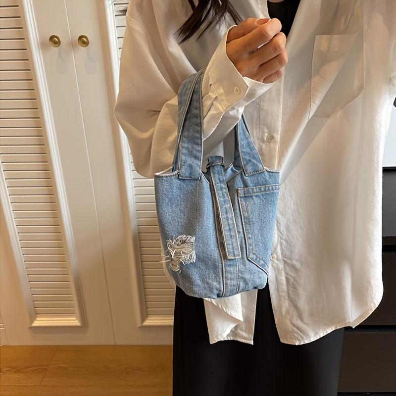 Minimalist Denim Satchel Bag All Match Bucket Bag Stylish Niche Storage Handbag