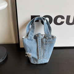 Minimalist Denim Satchel Bag All Match Bucket Bag Stylish Niche Storage Handbag