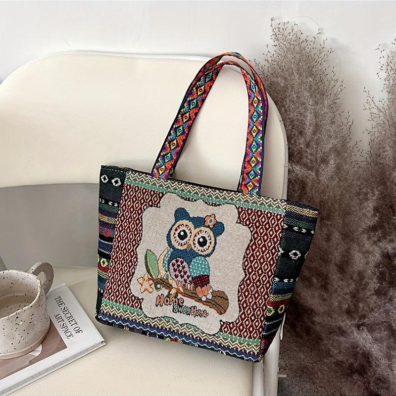 Ethnic Style Owl Embroidered Canvas Tote Bag