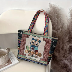 Ethnic Style Owl Embroidered Canvas Tote Bag