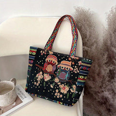 Ethnic Style Owl Embroidered Canvas Tote Bag