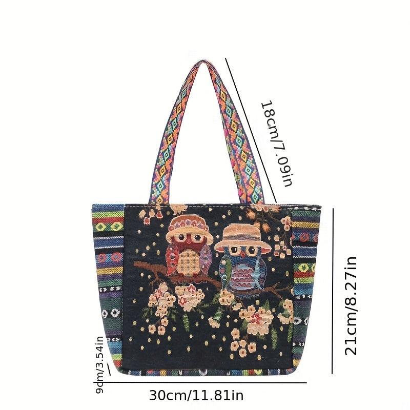 Ethnic Style Owl Embroidered Canvas Tote Bag