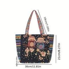 Ethnic Style Owl Embroidered Canvas Tote Bag