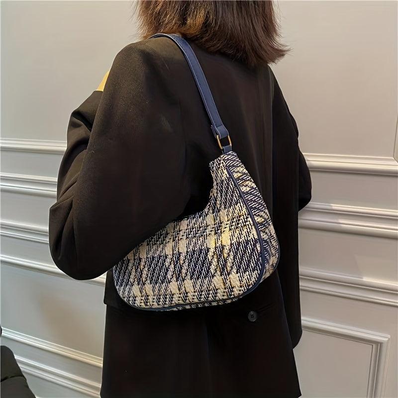 Vintage Tweed Shoulder Bag Women's Plaid Pattern Handbag