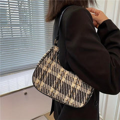 Vintage Tweed Shoulder Bag Women's Plaid Pattern Handbag