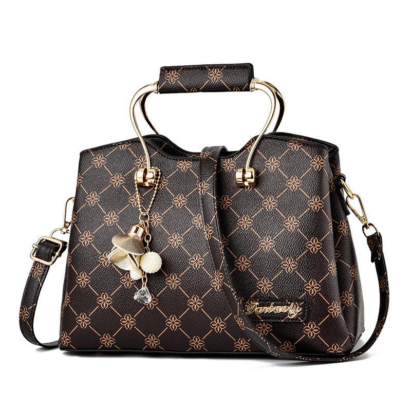 Geometric Pattern Vintage Shoulder Bag with Bag Charm